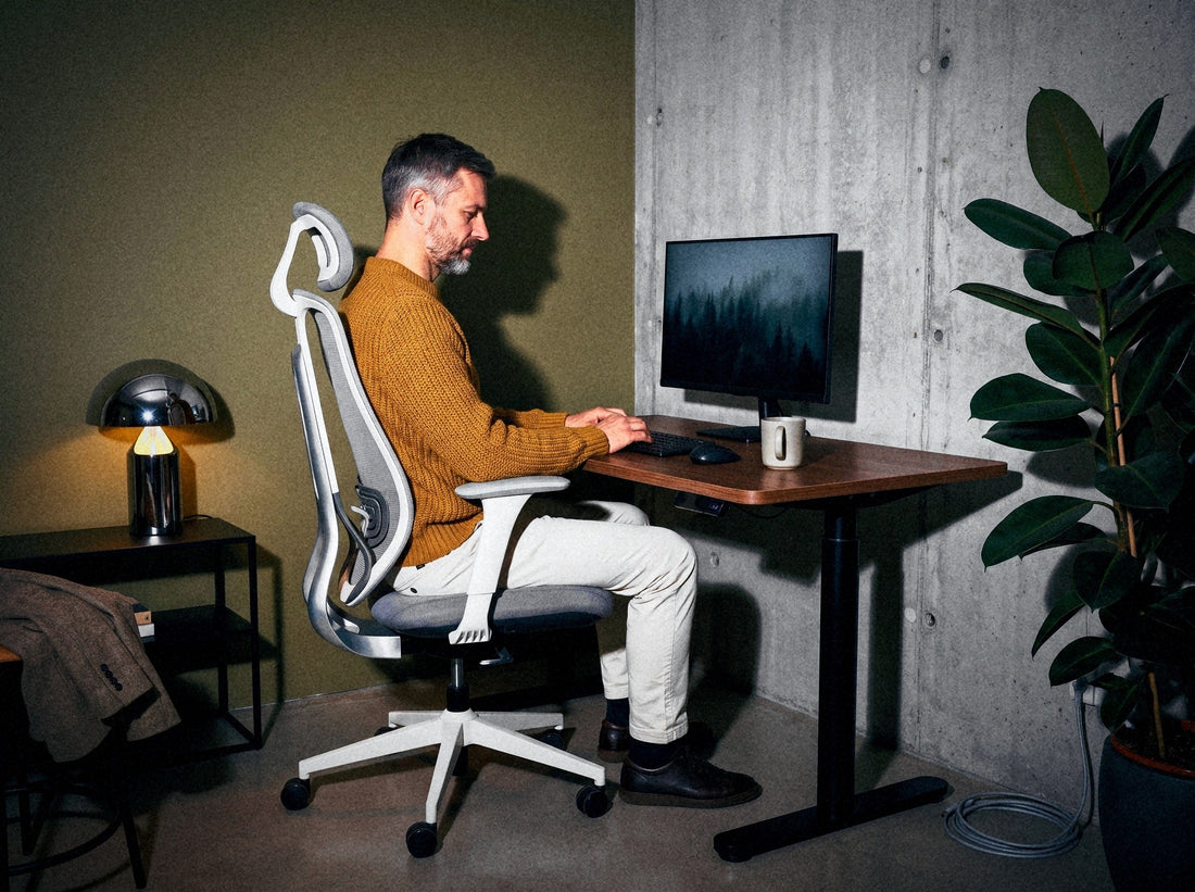 Mężczyzna siedzi w fotelu Ergonix OmniSit Pro przy biurku z regulacją wysokości: stopy na podłodze, łokcie na wysokości blatu, górna krawędź ekranu na wysokości oczu