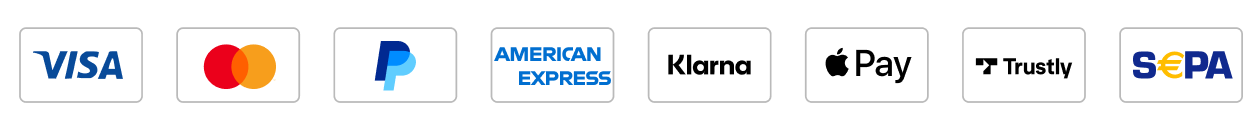 Payment methods: Visa, Mastercard, PayPal, American Express, Klarna, Apple Pay, Trustly, SEPA