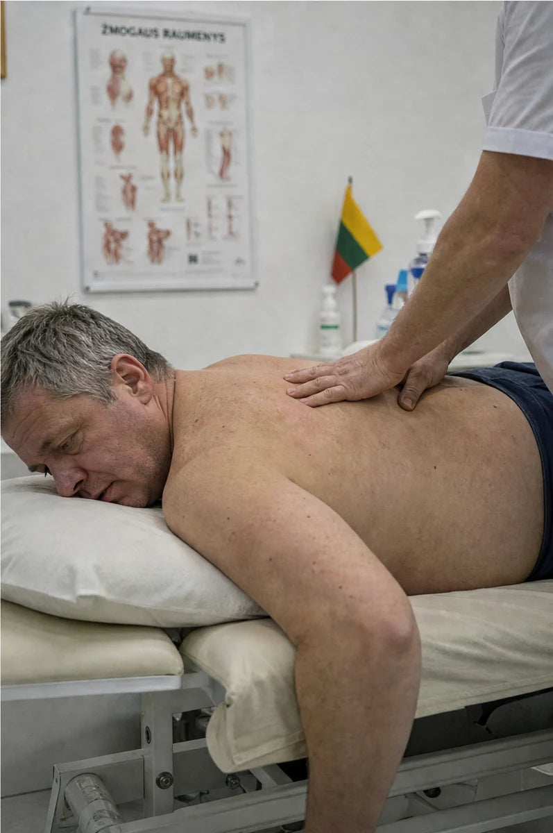 Fizjoterapeuta masuje plecy mężczyzny – koszt zdrowia, gdy jest ono zbyt długo zaniedbywane