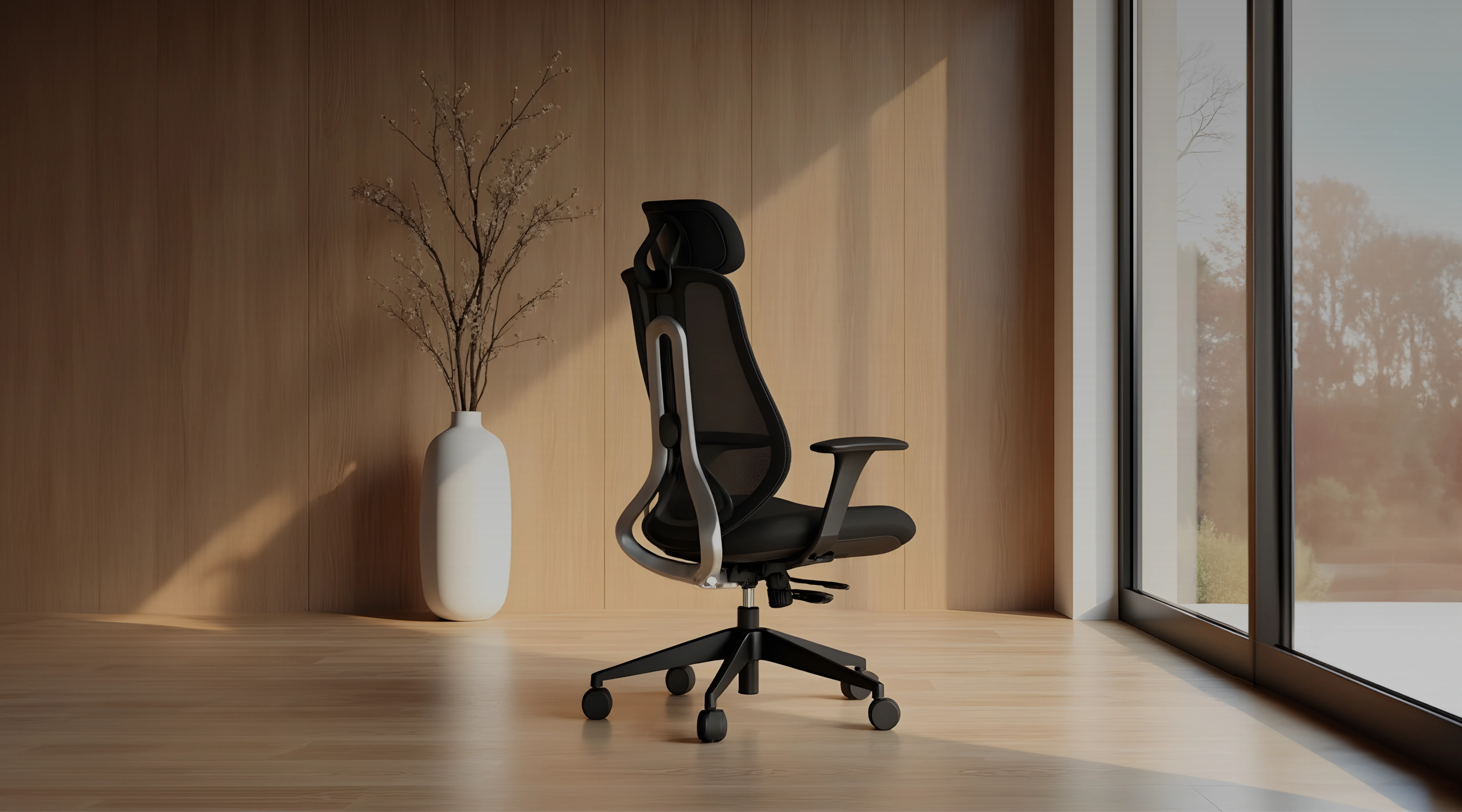 Ergonomiczne stanowisko pracy w ciepłym, minimalistycznym pokoju