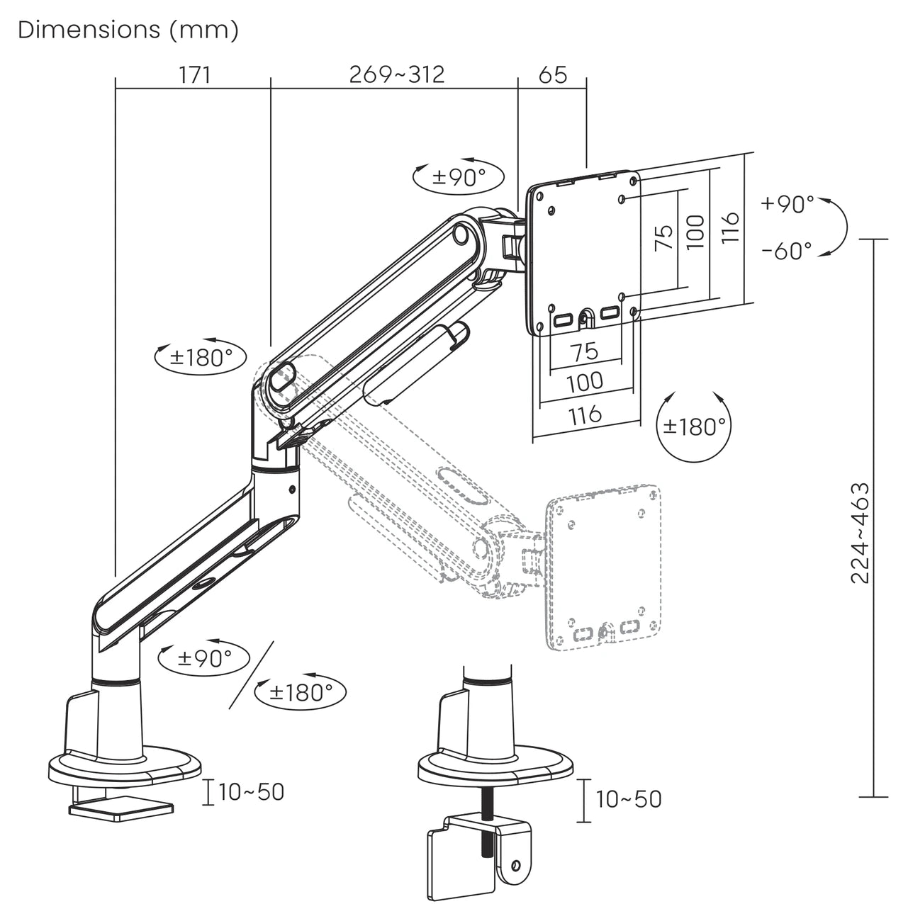 OmniARM PRO - matmenys / dimensions (mm)