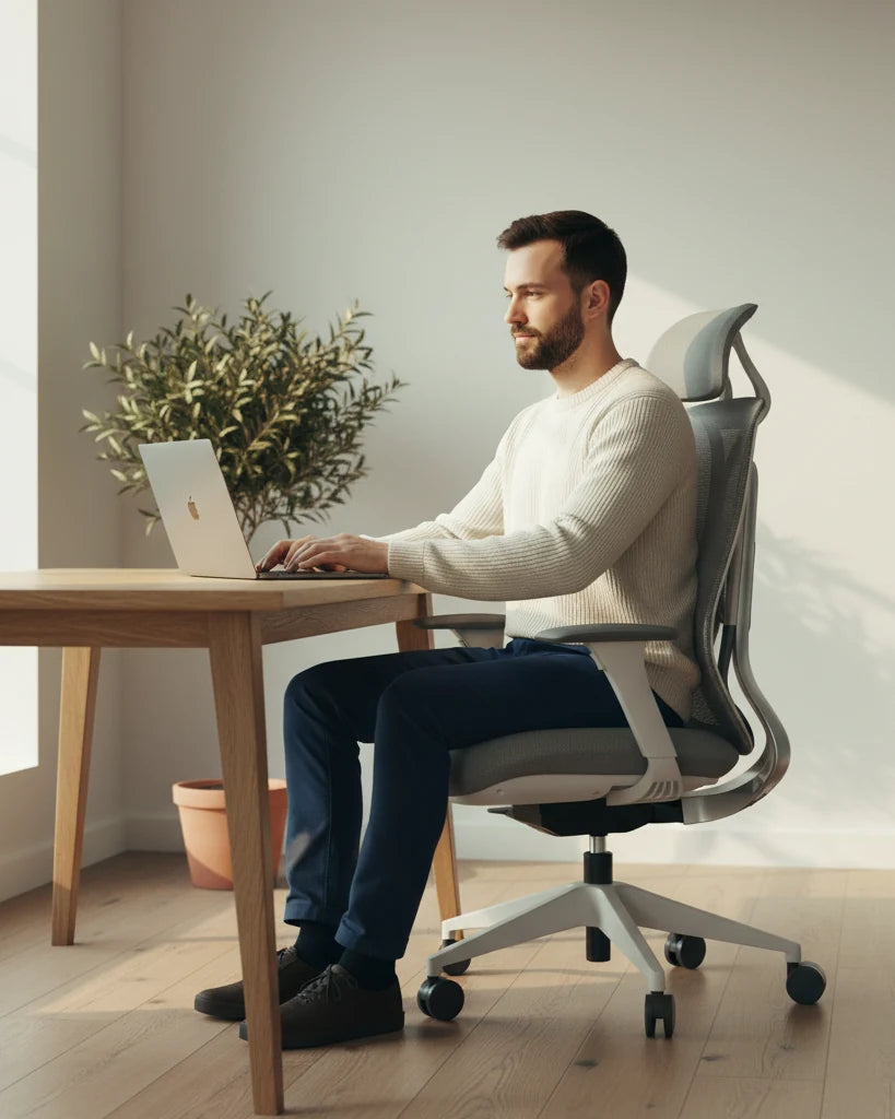 Mężczyzna pracuje przy biurku, siedząc na ergonomicznym krześle Ergonix OmniSit Pro