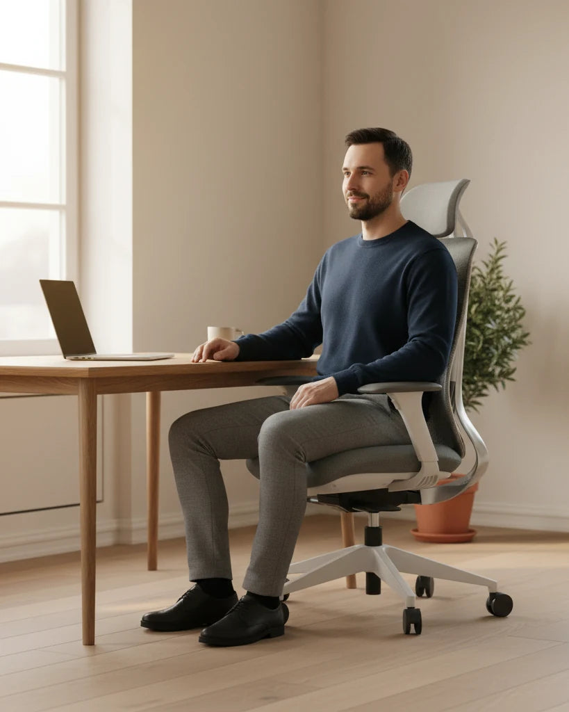 Mężczyzna spokojnie pracuje na ergonomicznym krześle Ergonix OmniSit Pro